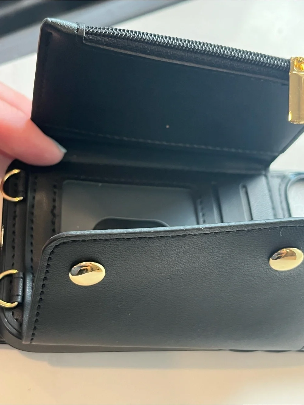 Black Phone Wallet Case with Gold Hardware and Ring Holder